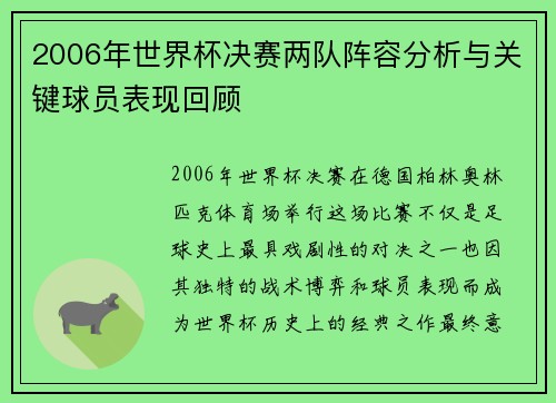 2006年世界杯决赛两队阵容分析与关键球员表现回顾